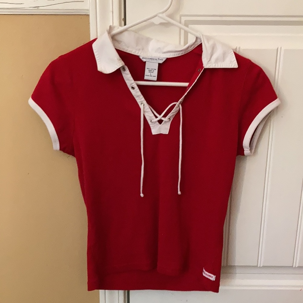 Red and white tie front crop top-ish